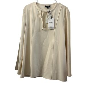 Theory Fluid Blouse Admiral Crepe Long Sleeve Tie Neck Ivory White Size S Office
